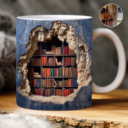Ceramic Mug with 3D Bookshelf Wrap Design for Coffee Tea Hot Drinks Book Lovers Library Kitchen Microwave Dishwasher Safe Literary Gift