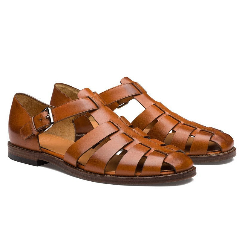Closed-Toe Leather Sandals for Men with Adjustable Buckle Strap | Summer Casual Footwear | Breathable Open Design | Rubber Sole