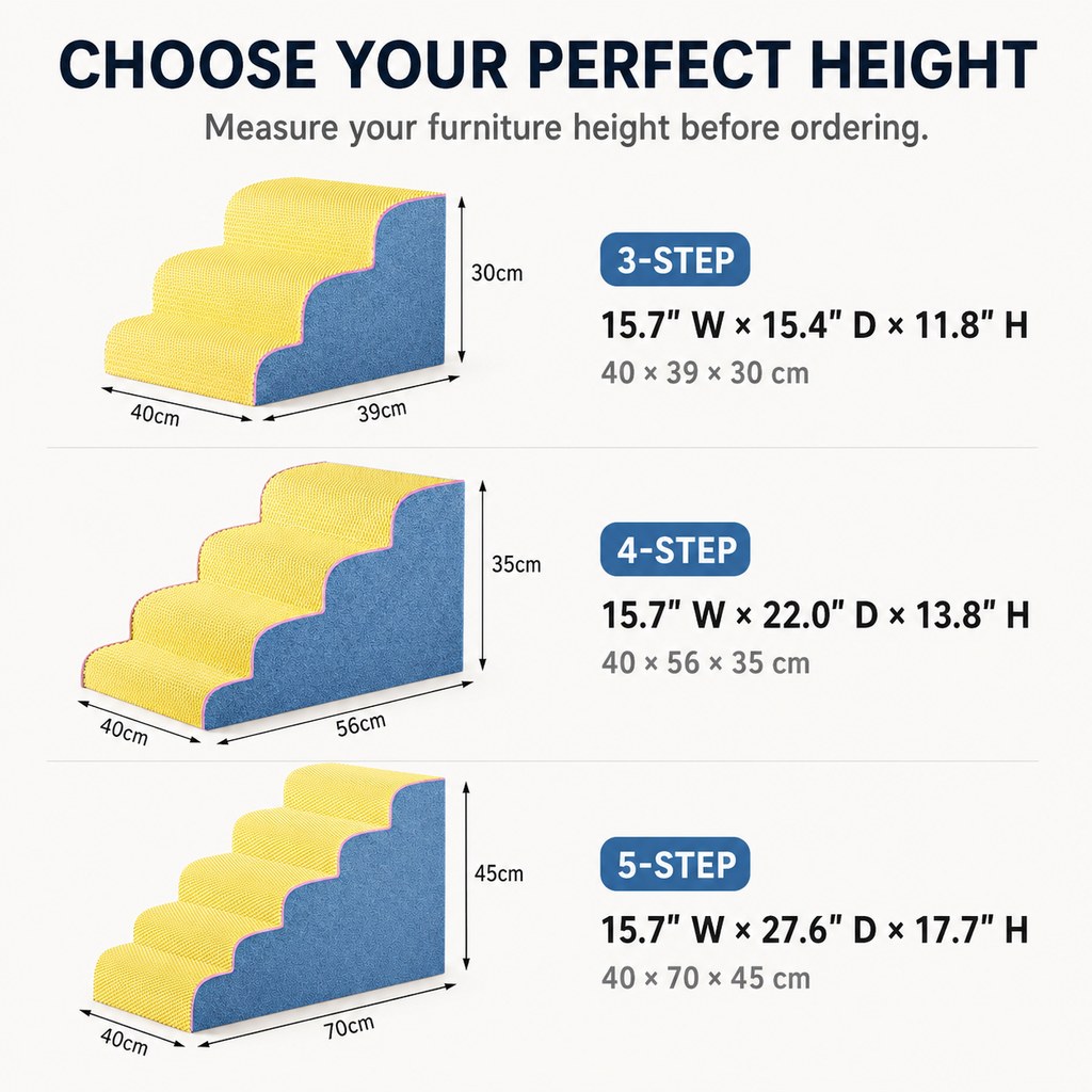 Ortekor High-Density Foam Pet Stairs for Small Dogs & Cats – Gentle Steps for Bed, Couch & Sofa, Non-Slip Washable Pet Steps to Reduce Jumping
