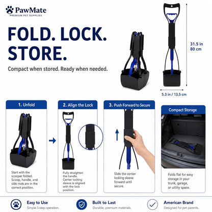 Ortekor Foldable Long-Handle Dog Pooper Scooper for Yard & Walks - One-Hand Bag-Lined Pickup