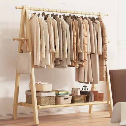 Freestanding Wood Garment Rack 59 in Tall with Hooks & Shelf for Entryway Clothes Hanging Storage Collapsible A-Frame Stand