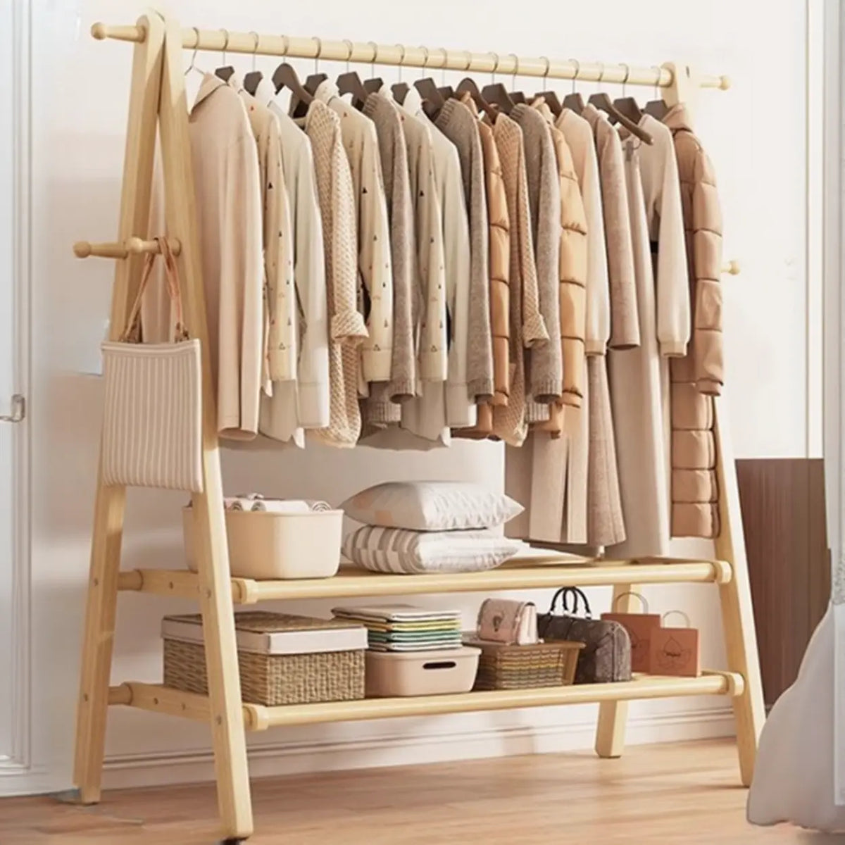 Freestanding Wood Garment Rack 59 in Tall with Hooks & Shelf for Entryway Clothes Hanging Storage Collapsible A-Frame Stand