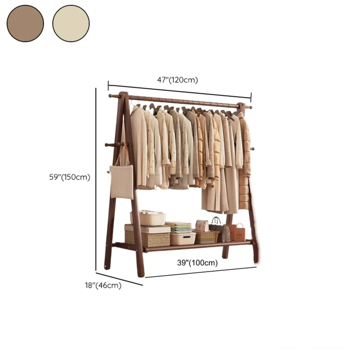 Freestanding Wood Garment Rack 59 in Tall with Hooks & Shelf for Entryway Clothes Hanging Storage Collapsible A-Frame Stand