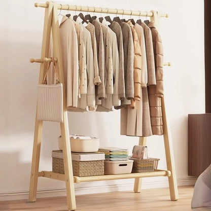 Freestanding Wood Garment Rack 59 in Tall with Hooks & Shelf for Entryway Clothes Hanging Storage Collapsible A-Frame Stand