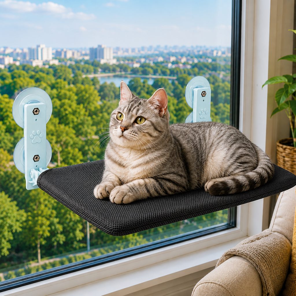 Ortekor Foldable Cat Window Hammock for Apartments - No-Drill Suction Perch for Sunny Naps Without Taking Up Floor Space