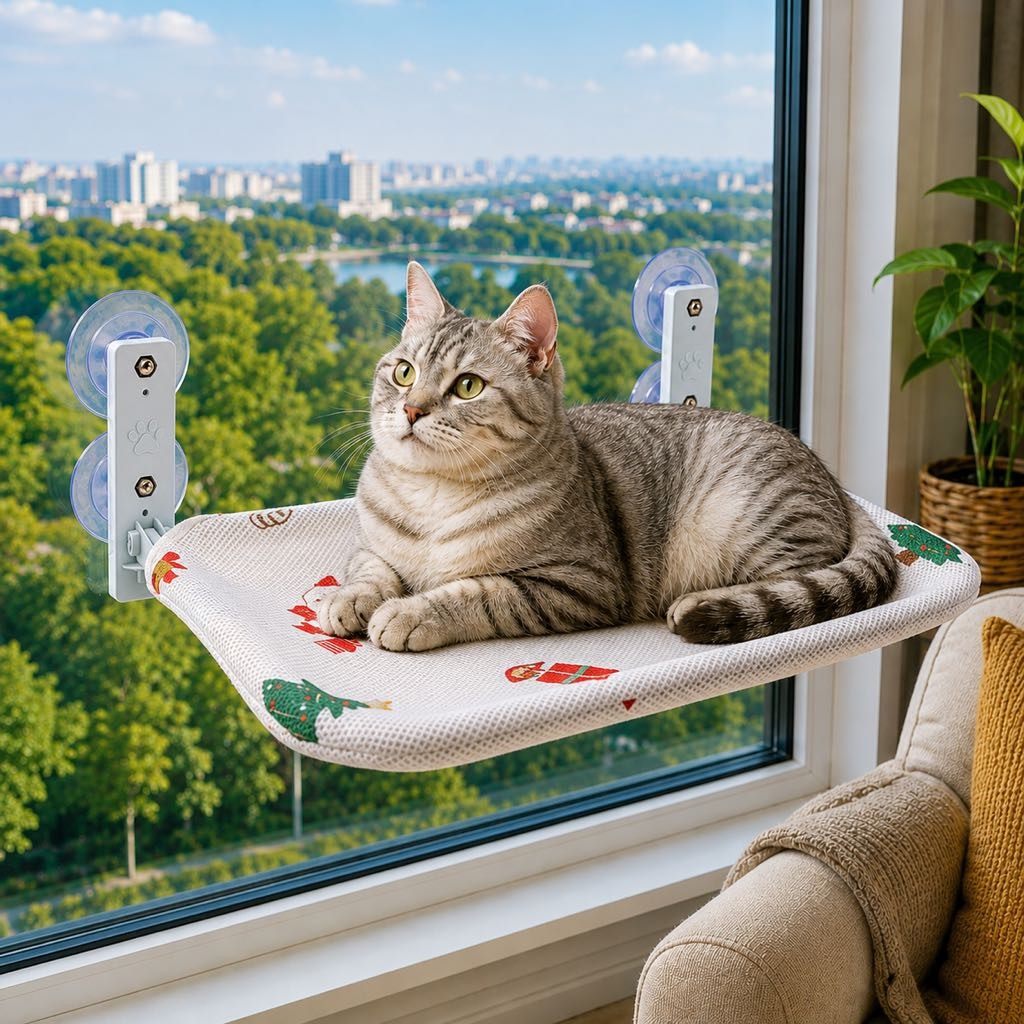 Ortekor Foldable Cat Window Hammock for Apartments - No-Drill Suction Perch for Sunny Naps Without Taking Up Floor Space
