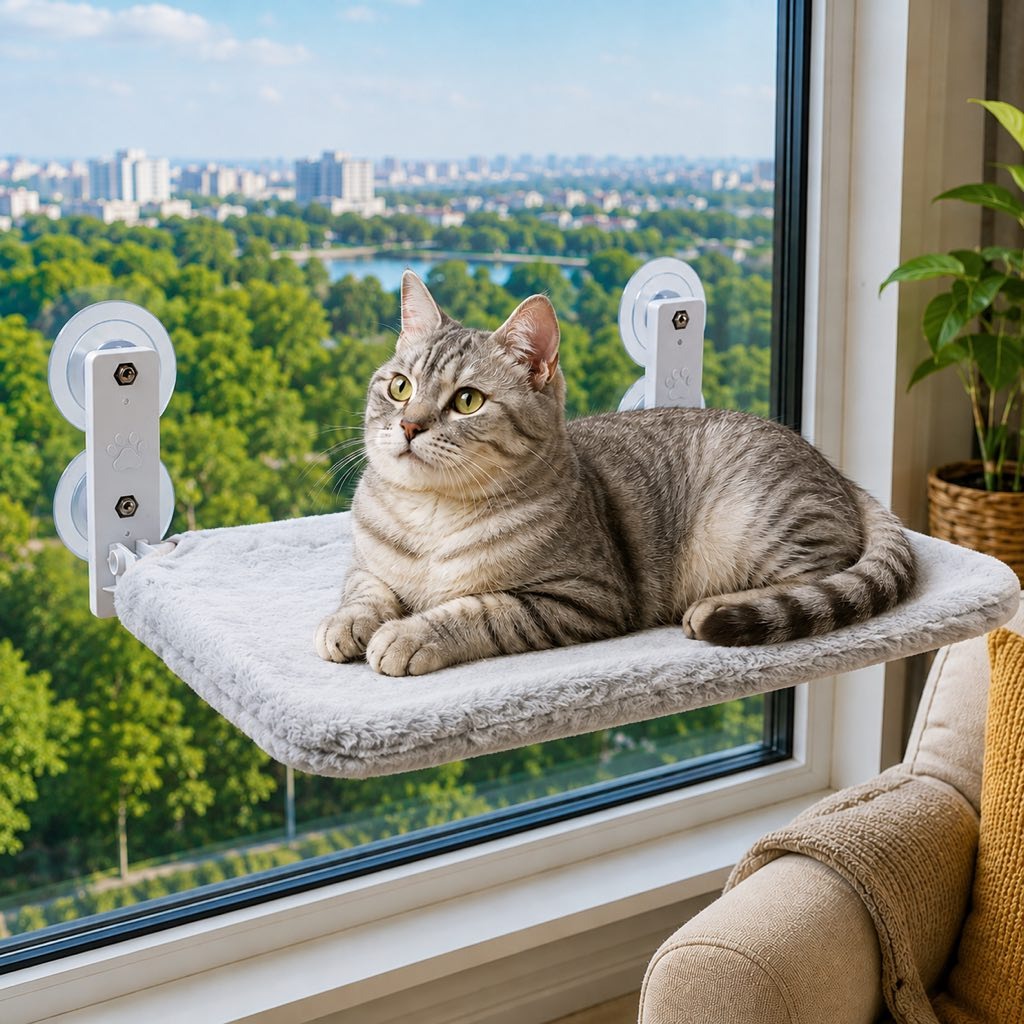 Ortekor Foldable Cat Window Hammock for Apartments - No-Drill Suction Perch for Sunny Naps Without Taking Up Floor Space