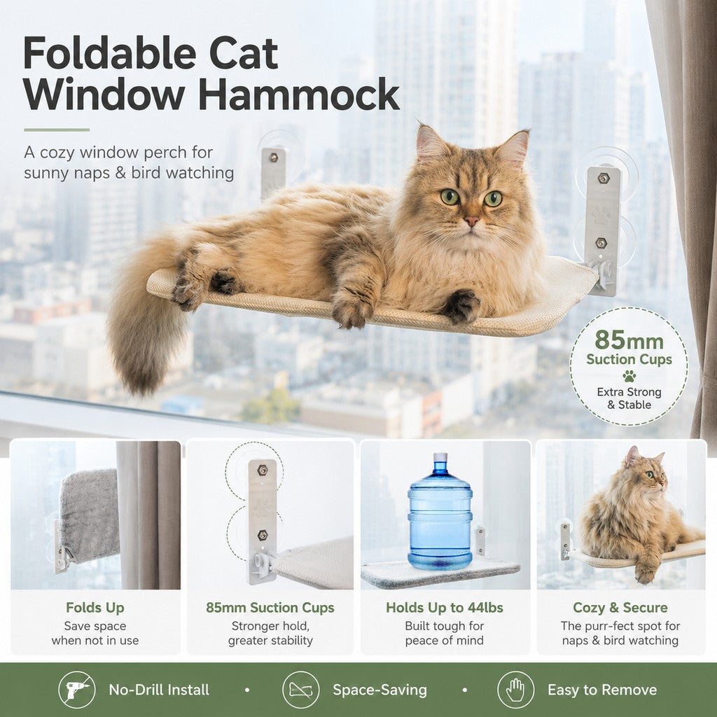 Ortekor Foldable Cat Window Hammock for Apartments - No-Drill Suction Perch for Sunny Naps Without Taking Up Floor Space