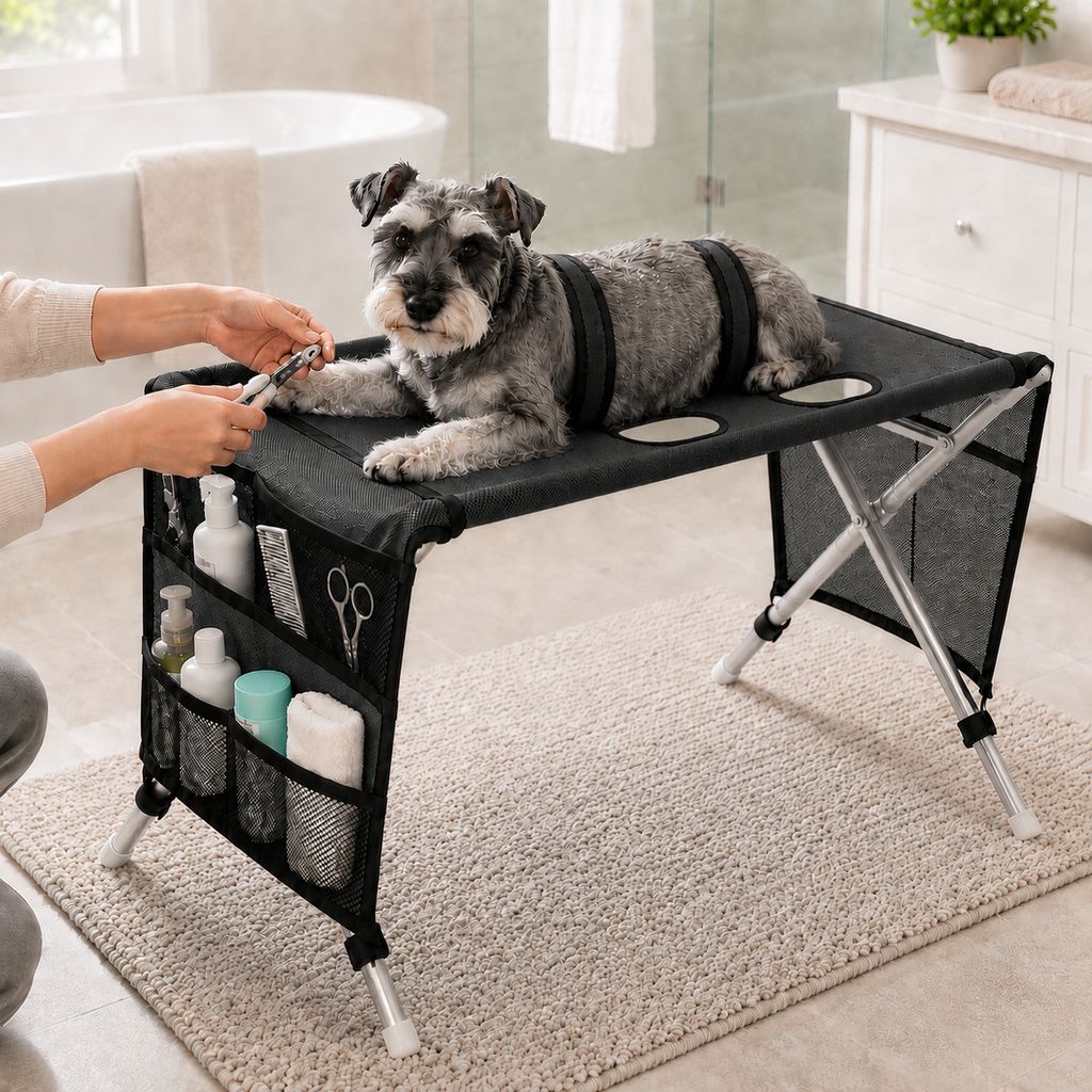 Ortekor Foldable Pet Grooming Table with 4 Leg Openings - Steadier At-Home Bathing & Nail Trimming for Cats & Small Dogs