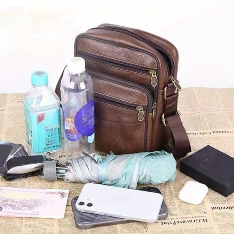 Men's Genuine Leather Crossbody Messenger Bag with Adjustable Strap - Full Grain Cowhide Shoulder Bag for Work Travel Daily Use
