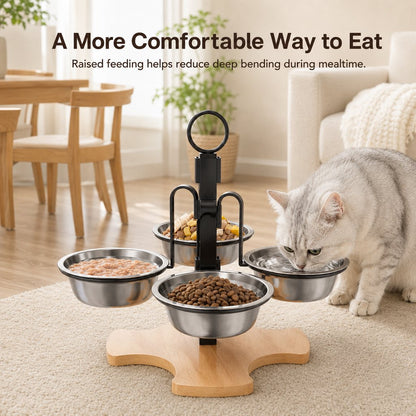Ortekor 4-Bowl Elevated Pet Feeding Station for Cats & Small Dogs – 3-Level Bowl Positions, Removable Stainless Steel Bowls & Wooden Base for Cleaner, Organized Mealtimes