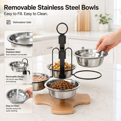 Ortekor 4-Bowl Elevated Pet Feeding Station for Cats & Small Dogs – 3-Level Bowl Positions, Removable Stainless Steel Bowls & Wooden Base for Cleaner, Organized Mealtimes