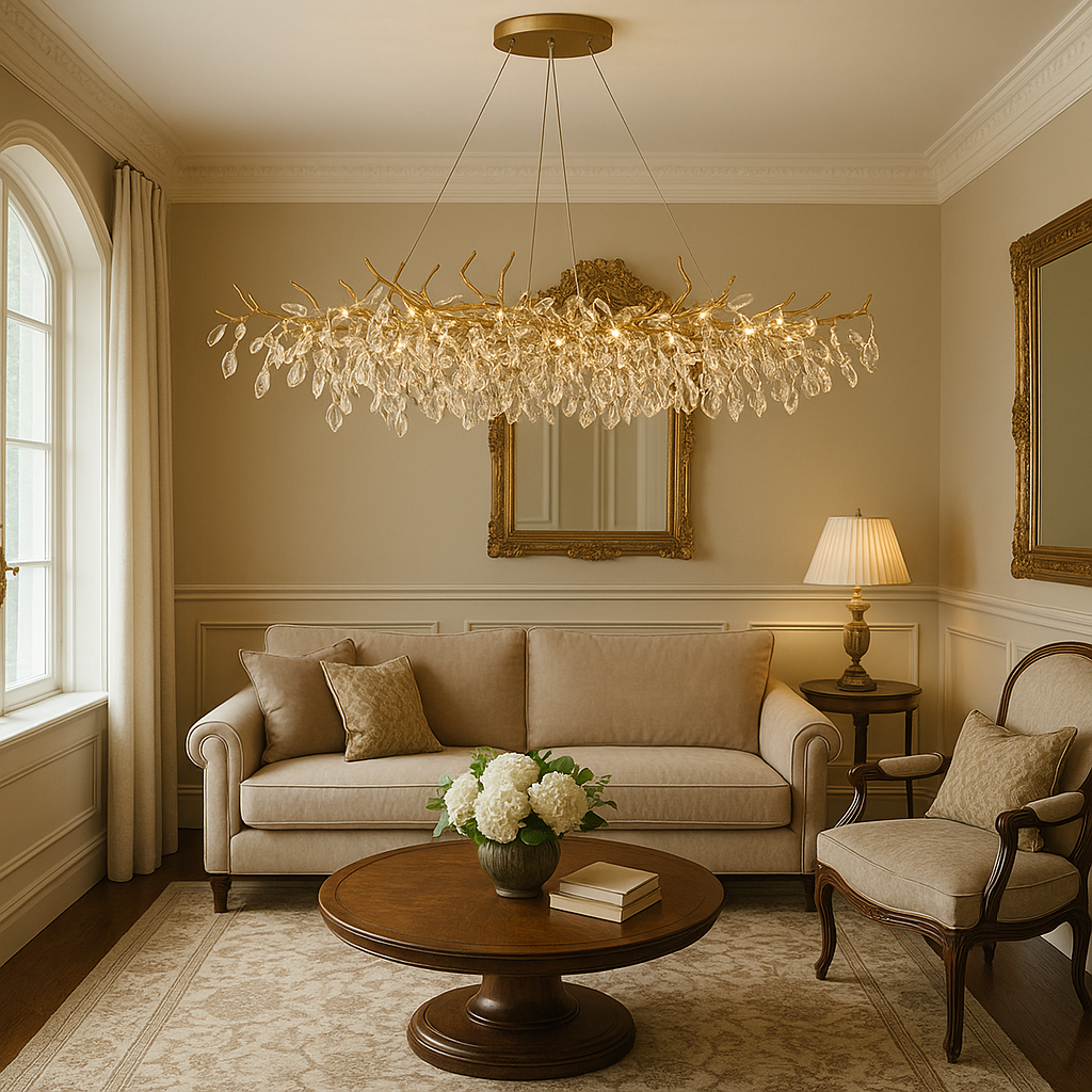Crystal Chandelier with Aluminum Frame for Dining Room & Living Room – Adjustable French-Inspired LED Ceiling Light Fixture