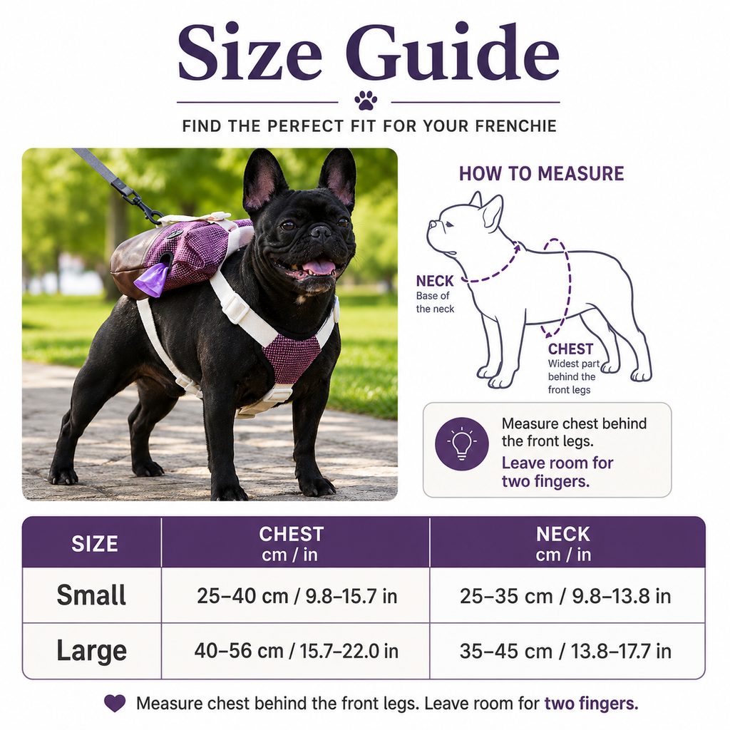 Ortekor Frenchie Adventure Backpack Harness for Daily Walks - Carry Poop Bags, Treats & Keys Without Neck Pulling