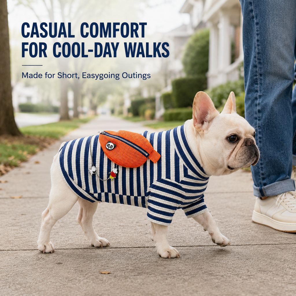 Ortekor French Bulldog Striped Pocket Pullover for Cool Indoor Spaces & Easy Walks - Broad-Chest Sizing
