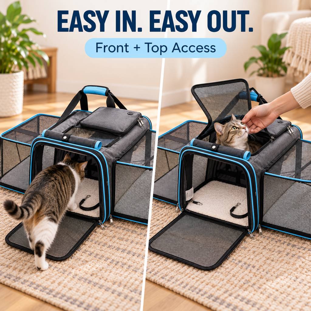 Ortekor Dual-Sided Expandable Pet Carrier for Cats & Small Dogs - More Room for Road Trips, Vet Visits & Travel