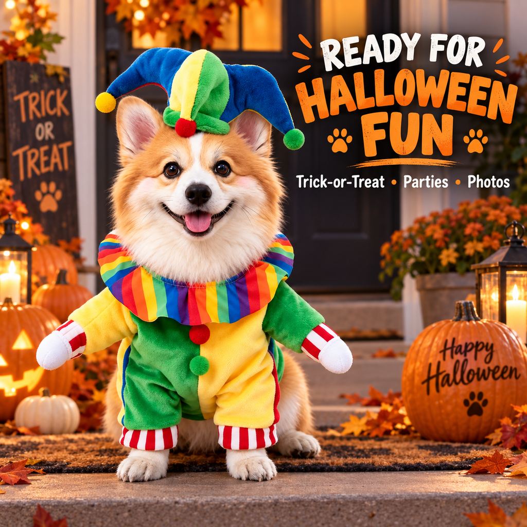 Ortekor Halloween Jester Clown Dog Costume with Hat & Fake Arms - Funny Photo-Ready Pet Outfit for Trick-or-Treat Parties