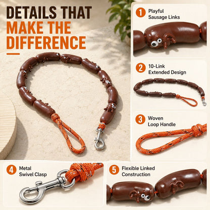 Ortekor Funny Sausage Link Dog Leash for Daily Walks – 10-Link 53 in Extended Lead with 360° Swivel Clasp to Help Reduce Twisting