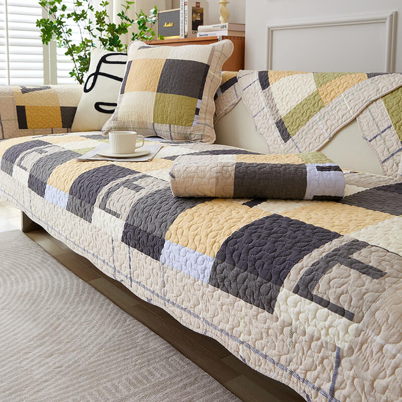 Plaid Cotton Furniture Protector Pad Set | Breathable Non-Slip Couch Cushion Cover for Sofa Seat Protection | Pet-Friendly Machine