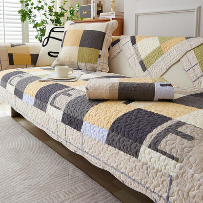 Plaid Cotton Furniture Protector Pad Set | Breathable Non-Slip Couch Cushion Cover for Sofa Seat Protection | Pet-Friendly Machine