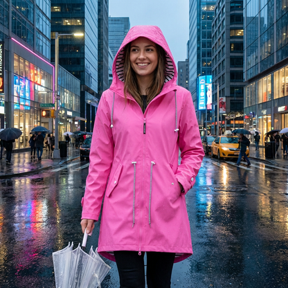 Chubasquero largo y elegante | Impermeable para mujer con capucha ajustable | Protección con estilo para toda ocasión