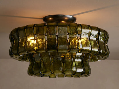 Textured Glass Flush Mount Ceiling Light 18-Inch Brass Finish 3-Light Modern Fixture for Living Room Bedroom Dining Room Entryway