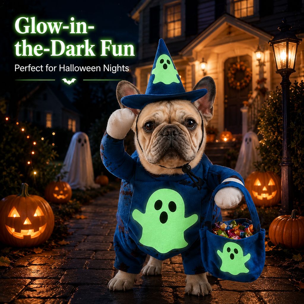 Ortekor Glow-in-the-Dark Ghost Wizard Dog Costume with Hat & Treat Bag, Halloween Pet Outfit for Trick-or-Treat, Parties, Photos & Costume Events