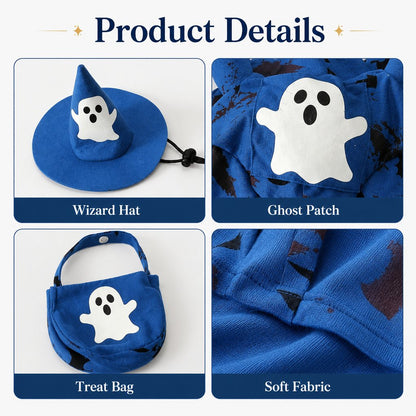 Ortekor Glow-in-the-Dark Ghost Wizard Dog Costume with Hat & Treat Bag, Halloween Pet Outfit for Trick-or-Treat, Parties, Photos & Costume Events