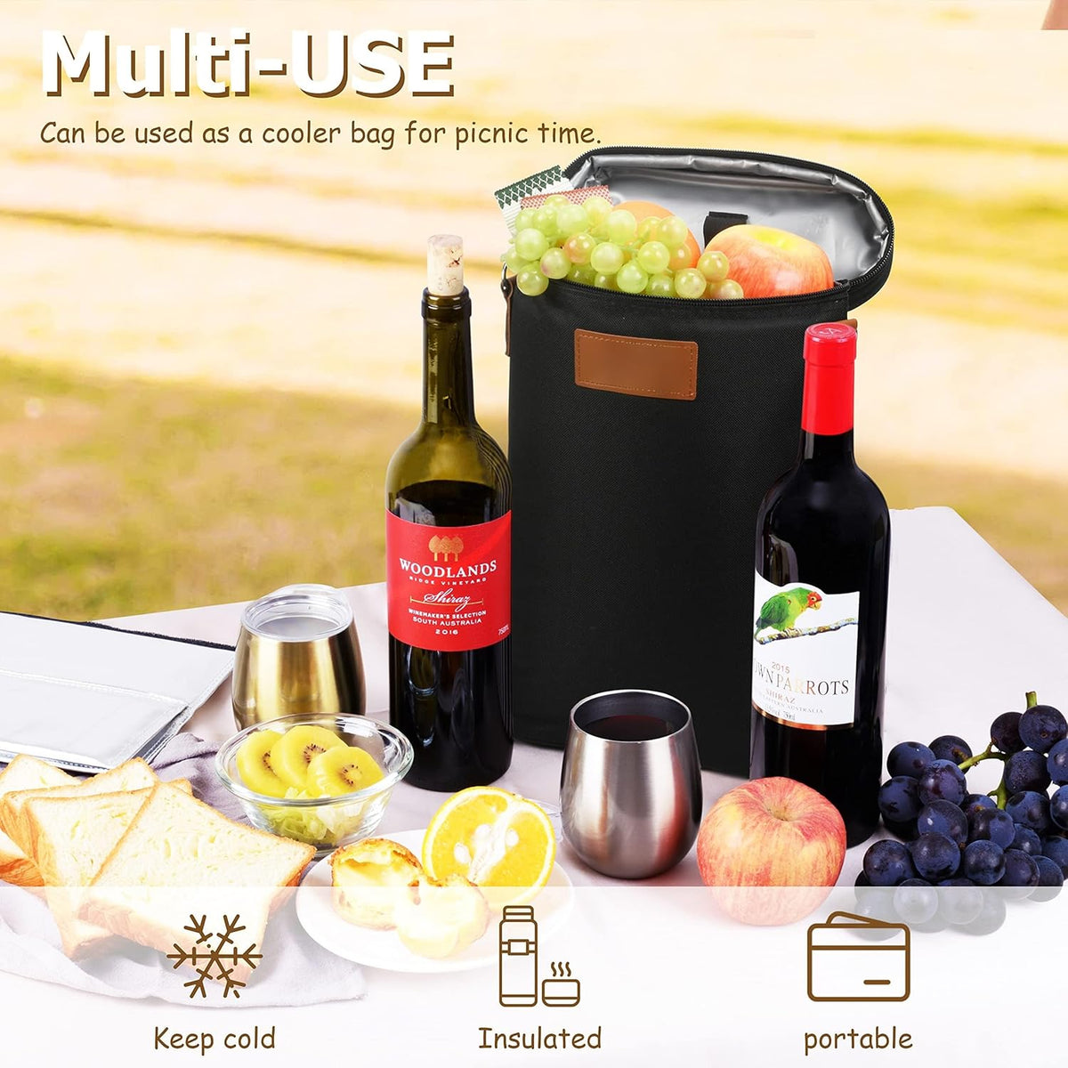 Double-Bottle Wine Tote with Padded Divider & Insulated Lining for Picnics, Travel, Parties