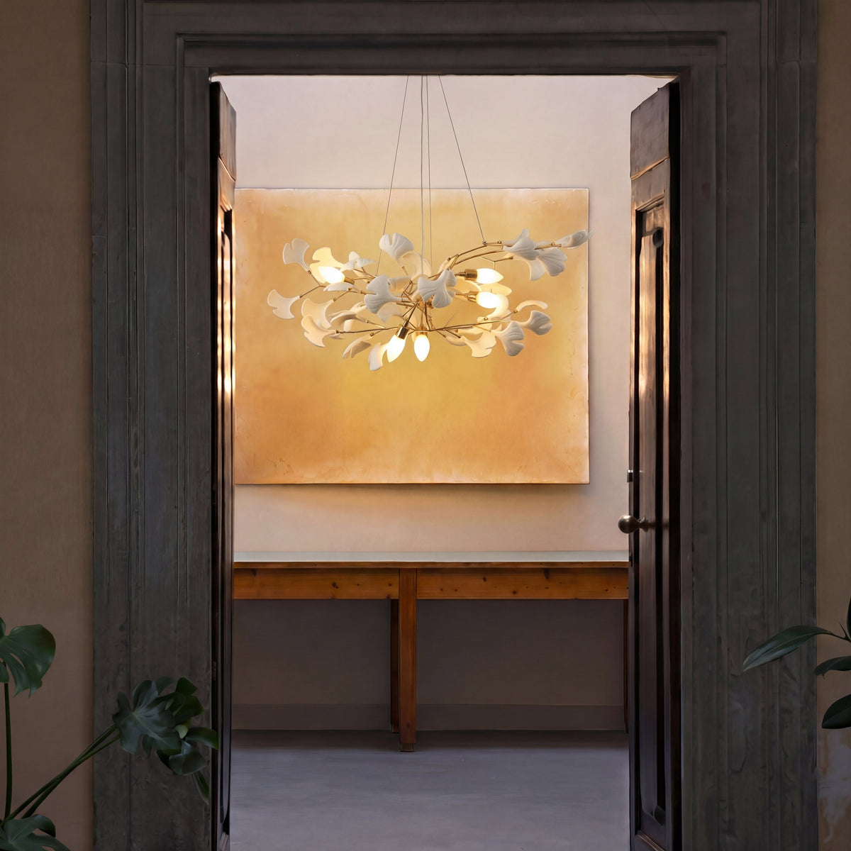 Porcelain Leaf Chandelier Modern Nature-Inspired LED Ceiling Fixture for Dining Room & Kitchen Island Gold Nickel Finish Adjustable Height