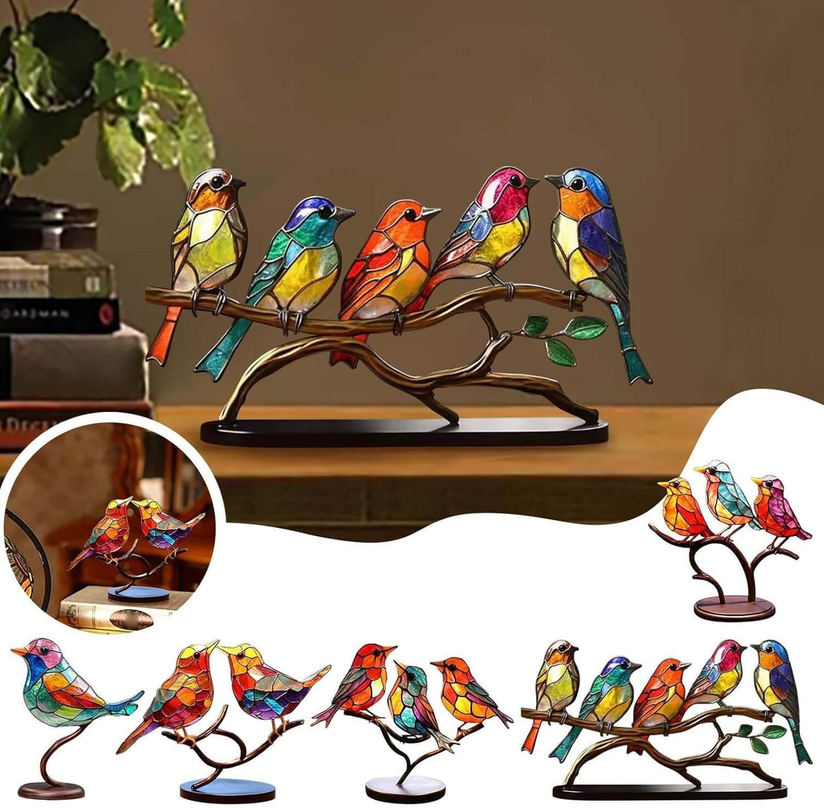 Glass Bird Figurines on Branch for Desk | Colorful Art Ornament Set | Office Decor Bird Sculptures | Home Accent Birds | Gift for Bird