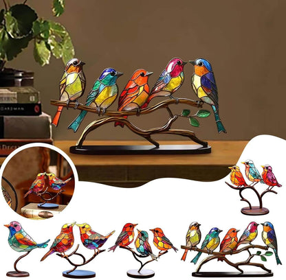 Glass Bird Figurines on Branch for Desk | Colorful Art Ornament Set | Office Decor Bird Sculptures | Home Accent Birds | Gift for Bird