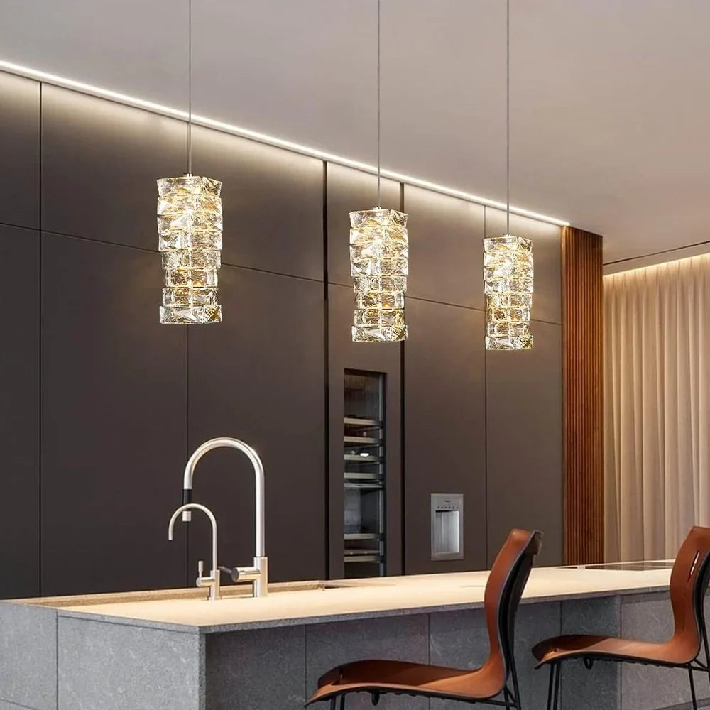 LED Crystal Pendant Fixture 5 in Wide Stacked Ice Block Hanging Lamp Gold Chrome Adjustable Cord for Countertops Dining Areas Modern Kitchen