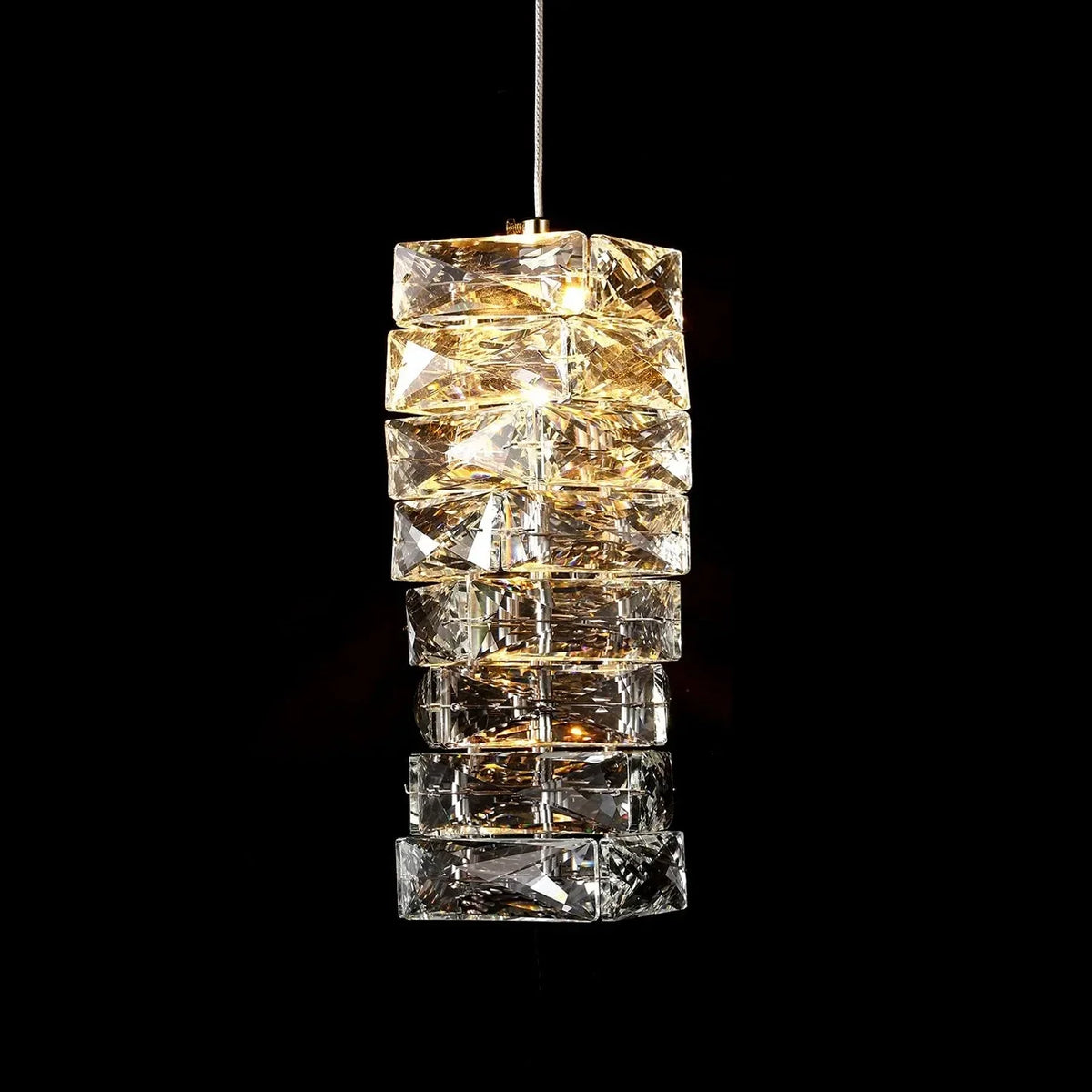 LED Crystal Pendant Fixture 5 in Wide Stacked Ice Block Hanging Lamp Gold Chrome Adjustable Cord for Countertops Dining Areas Modern Kitchen