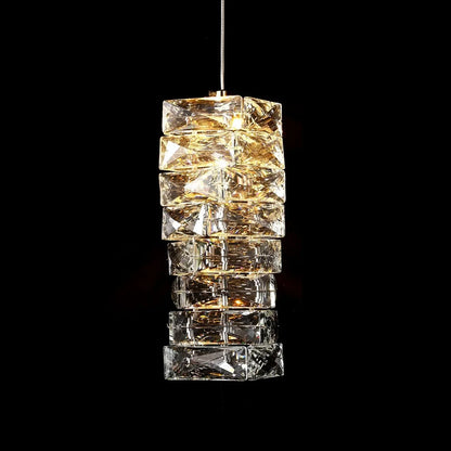LED Crystal Pendant Fixture 5 in Wide Stacked Ice Block Hanging Lamp Gold Chrome Adjustable Cord for Countertops Dining Areas Modern Kitchen
