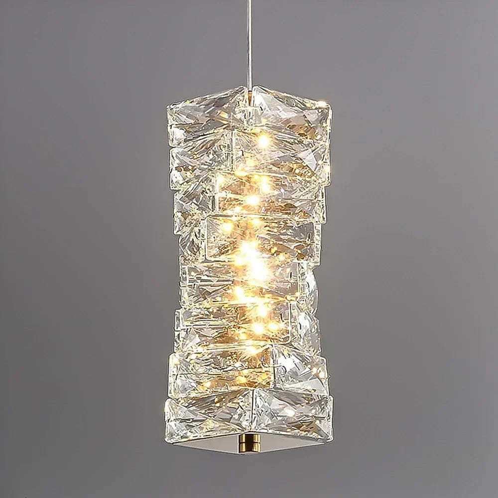 LED Crystal Pendant Fixture 5 in Wide Stacked Ice Block Hanging Lamp Gold Chrome Adjustable Cord for Countertops Dining Areas Modern Kitchen