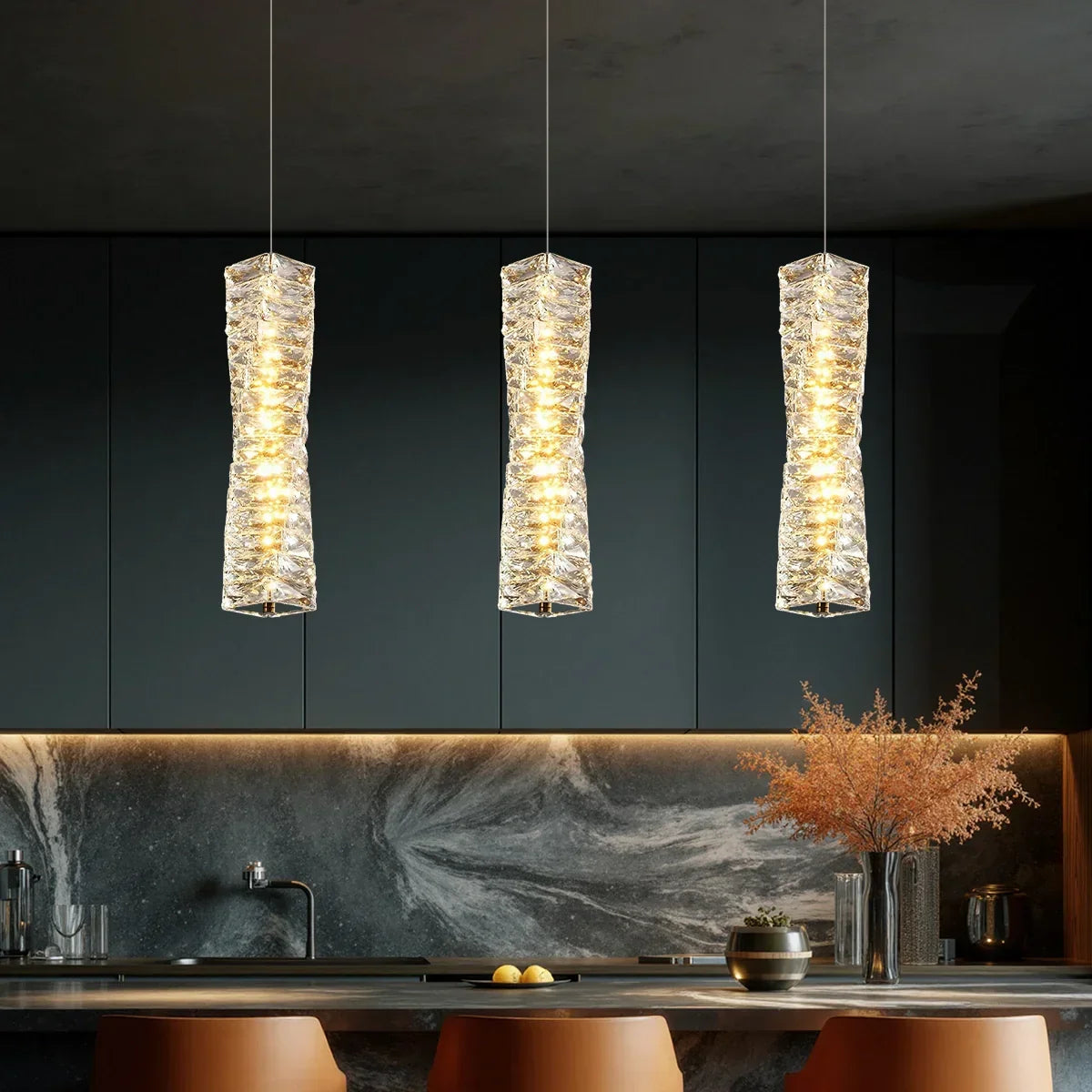 LED Crystal Pendant Fixture 5 in Wide Stacked Ice Block Hanging Lamp Gold Chrome Adjustable Cord for Countertops Dining Areas Modern Kitchen