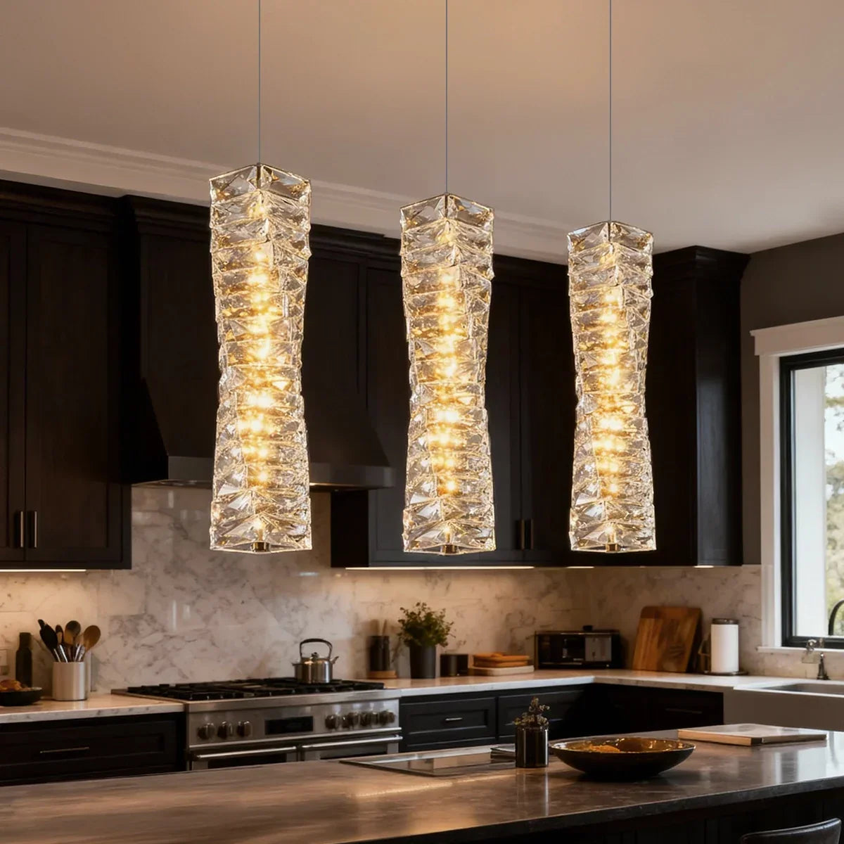 LED Crystal Pendant Fixture 5 in Wide Stacked Ice Block Hanging Lamp Gold Chrome Adjustable Cord for Countertops Dining Areas Modern Kitchen