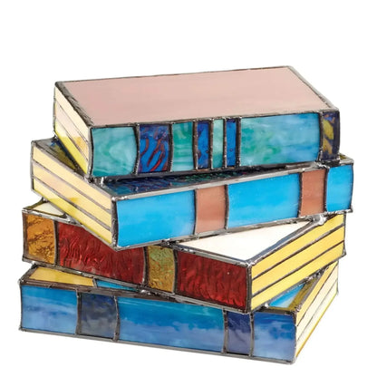 Handcrafted Stained Glass Table Lamp Book Stack Design Multicolor Artistic Accent Lighting for Reading Nook Library Bedroom Living Room