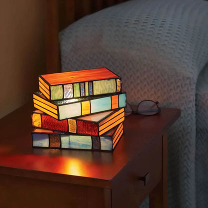 Handcrafted Stained Glass Table Lamp Book Stack Design Multicolor Artistic Accent Lighting for Reading Nook Library Bedroom Living Room
