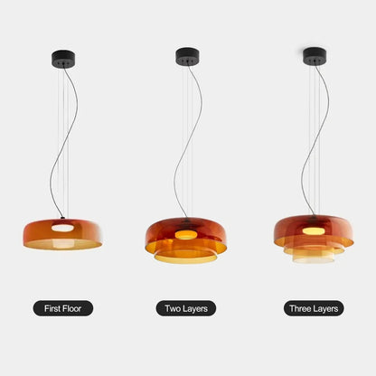 Layered Glass Hanging Light 16.5 in Orange for Kitchen Island & Dining Table – Adjustable Cord Suspension Fixture LED Included Modern Scandi