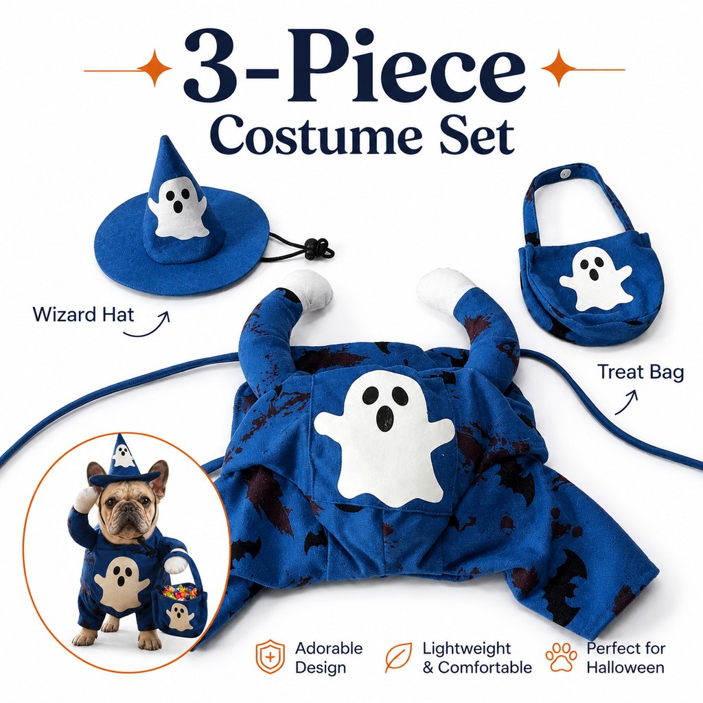 Ortekor Glow-in-the-Dark Ghost Wizard Dog Costume with Hat & Treat Bag, Halloween Pet Outfit for Trick-or-Treat, Parties, Photos & Costume Events