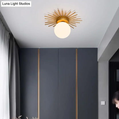 Contemporary Sphere Flush Mount Ceiling Fixture – Gold Metal Frame, Cream Frosted Globe – Low Profile Hallway & Bedroom Lighting for