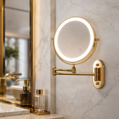 Wall-Mount Lighted Makeup Mirror Rechargeable Double-Sided Vanity Mirror 360° Swivel Adjustable Magnification Touch Control 3 Light Modes