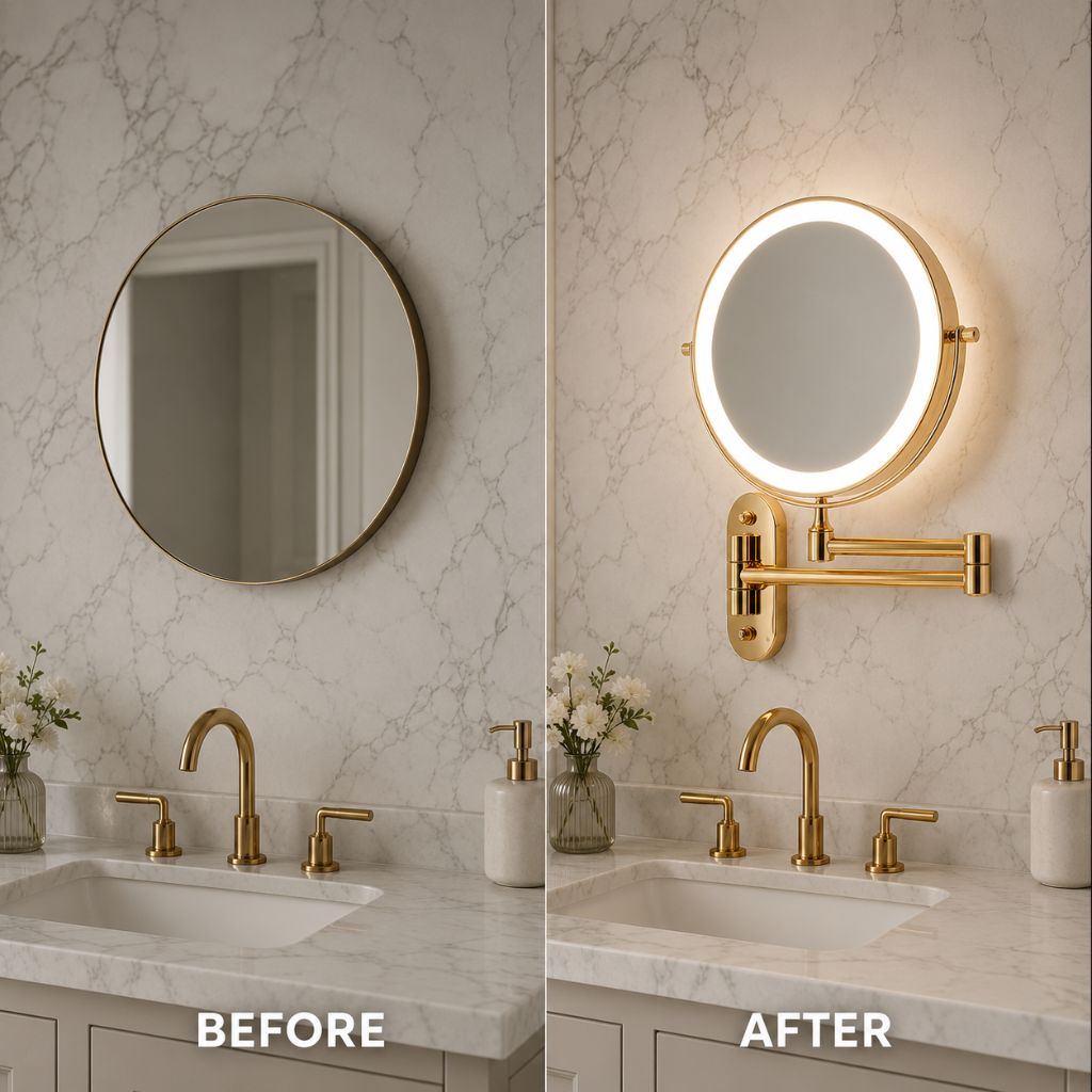 Wall-Mount Lighted Makeup Mirror Rechargeable Double-Sided Vanity Mirror 360° Swivel Adjustable Magnification Touch Control 3 Light Modes