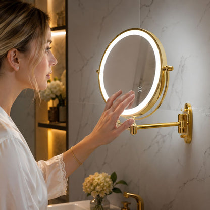 Wall-Mount Lighted Makeup Mirror Rechargeable Double-Sided Vanity Mirror 360° Swivel Adjustable Magnification Touch Control 3 Light Modes