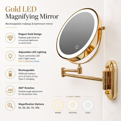 Wall-Mount Lighted Makeup Mirror Rechargeable Double-Sided Vanity Mirror 360° Swivel Adjustable Magnification Touch Control 3 Light Modes