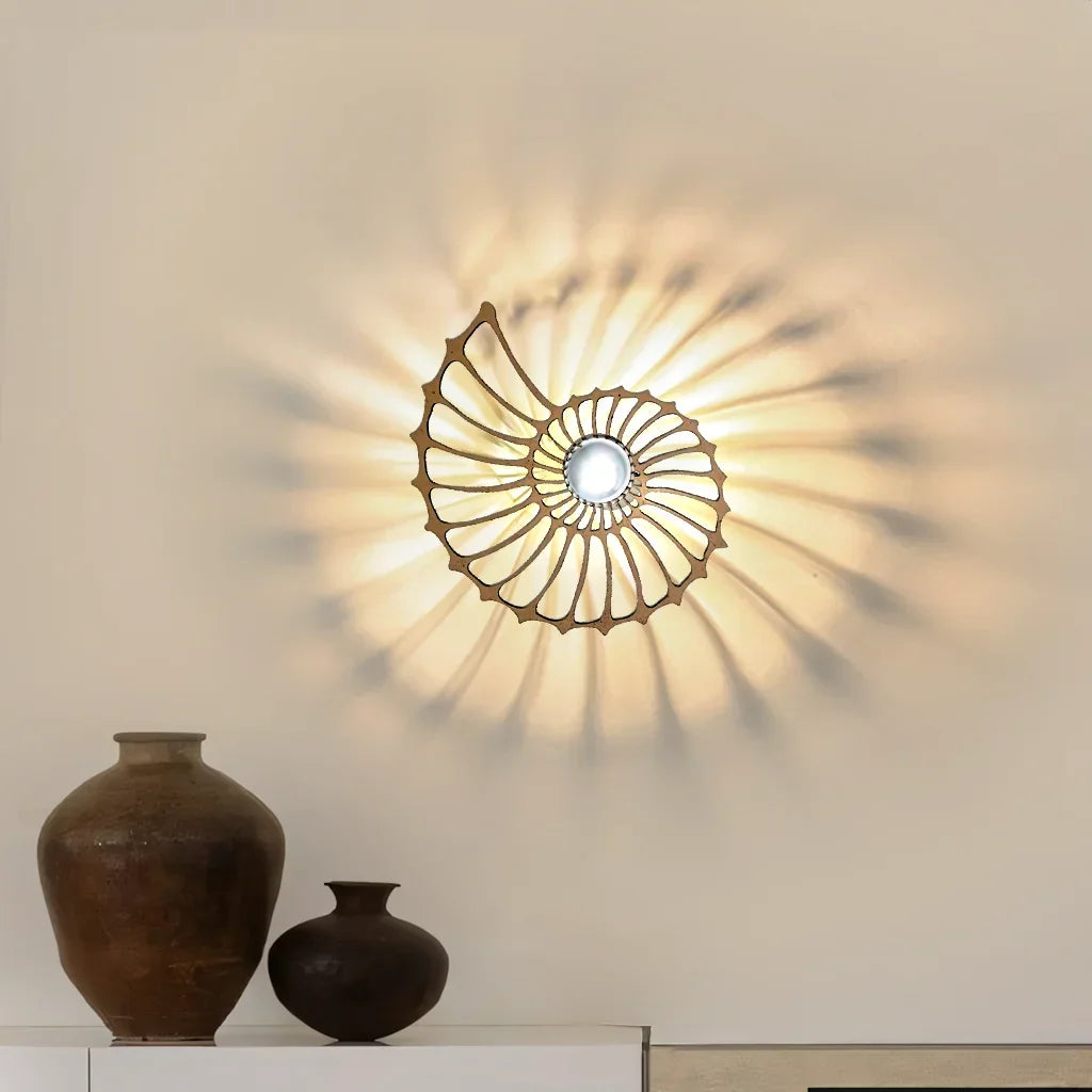 Spiral Shell Accent Sconce with LED – Handcrafted Ceramic & Wood Fixture in Gold or Black for Entryways, Bedrooms & Hallways