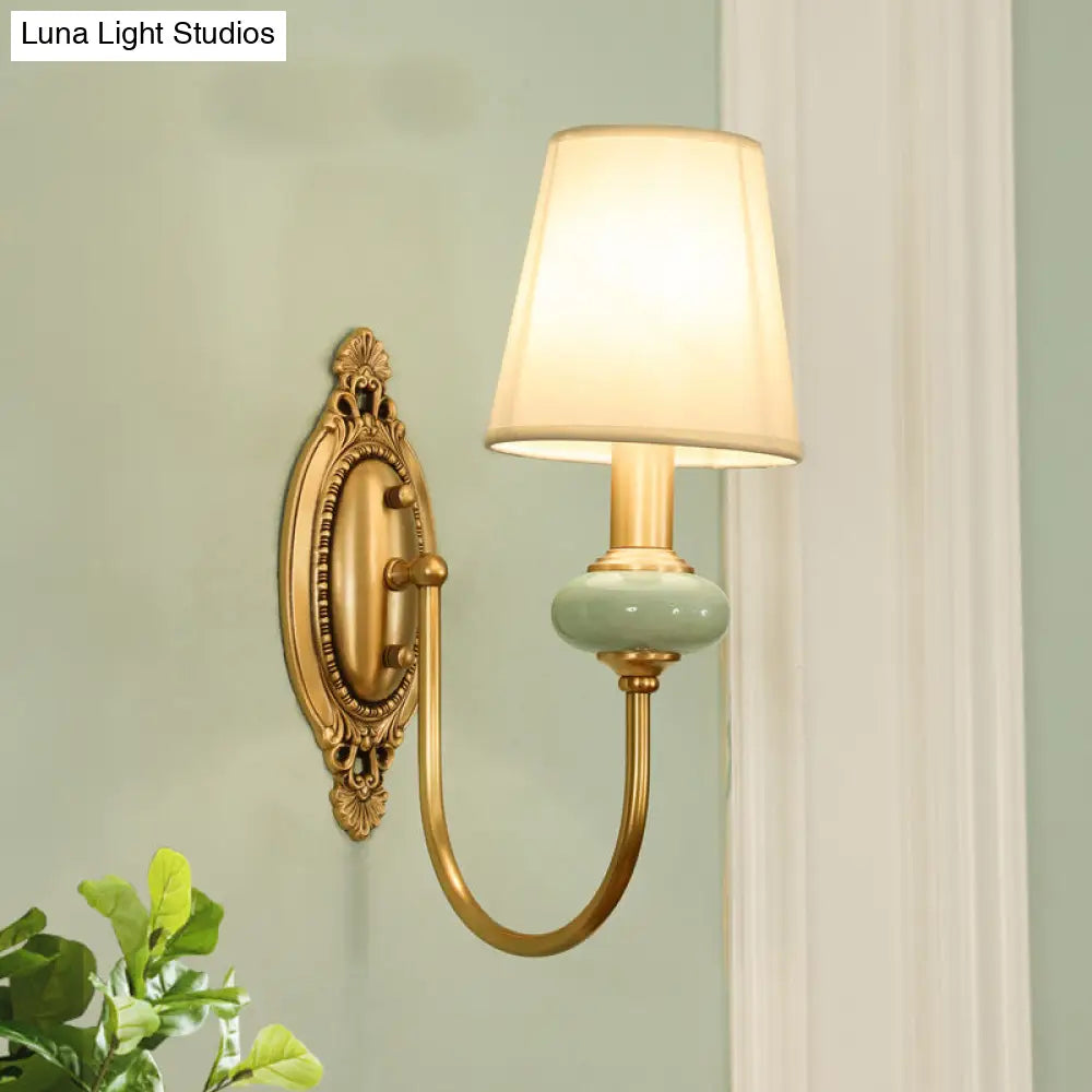 Curved Arm Wall Sconce with Fabric Shade & Jade Accent — 1 or 2 Lights — Brushed Brass Finish for Living Room, Bedroom, Hallway