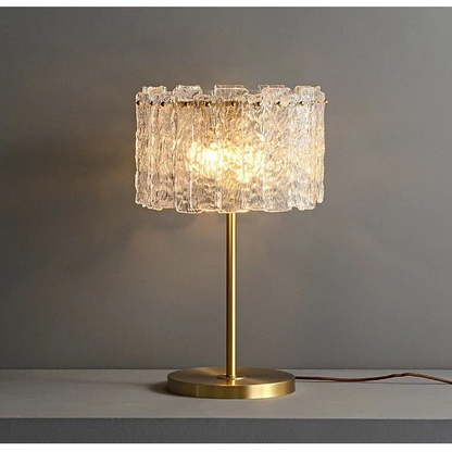 Brass Stem Accent Lamp with Textured Glass Shade 24 in Tall Bedroom Nightstand Light Modern Plug-In Fixture Clear Diffused Glow for Consoles